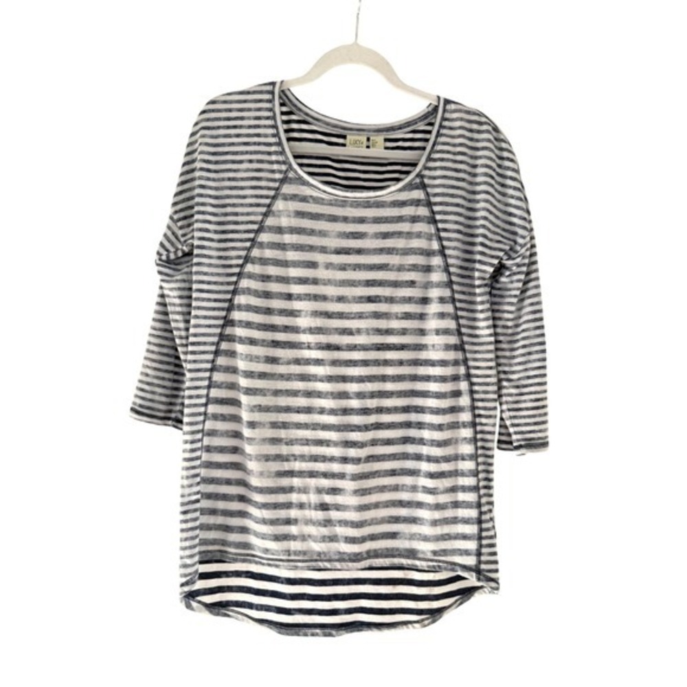Lucy & Laurel Striped Tunic Top Medium Blue White 3/4 Sleeve Casual Coastal Boho